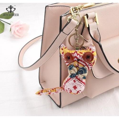 ROYALBEIER Handwork Cloth Puppet Cute Kitten Women Girls Handbag Pendant Key Chain Key Ring Animal Jewelry Car Key Accessories