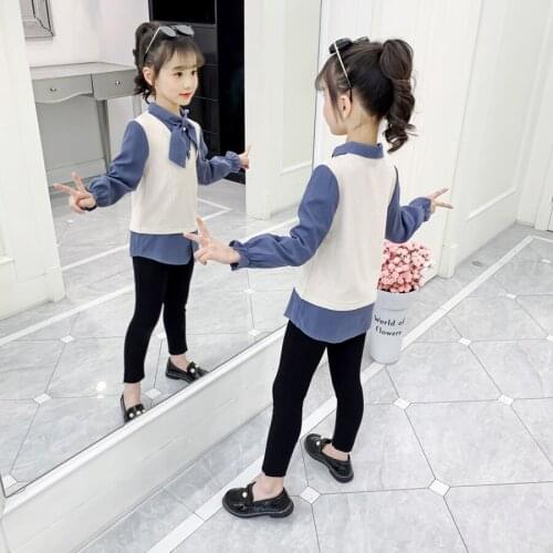 Bow Shirt for Kid Girls Fake Two Piece Blouses Children School Shirt Autumn Full Patchwork Shirt Casual Solid Blouse for Teen