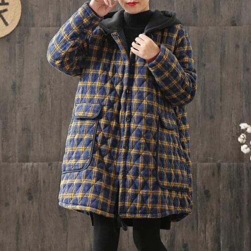 Women Hooded Plaid Parkas Vintage Button Coats Loose 2020 Autumn Winter New Pockets Female Casual Warm Parkas Coats