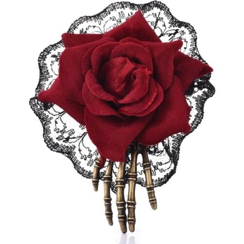 Gothic Rose Hairpins Flower Skeleton Hand Hair Clips For Halloween Hair Styling Double Use Brooch Pin Lace Hair Accessories Hot