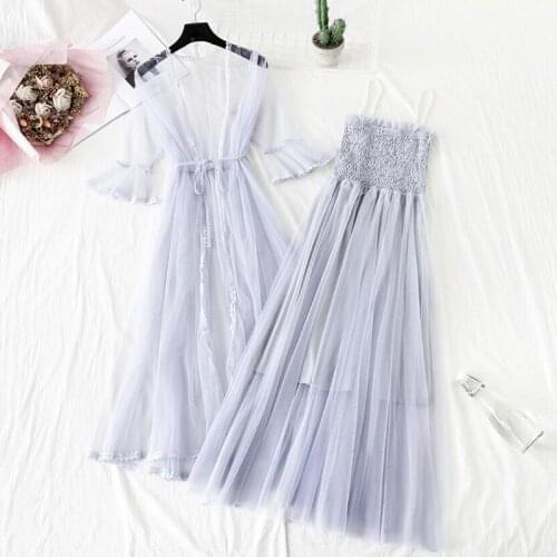 New Women Suits Sweet Mesh Dress Flare Sleeve Sunscreen cardigan + Pearl sling Long Dress Female Princess Dress 2 Piece Set