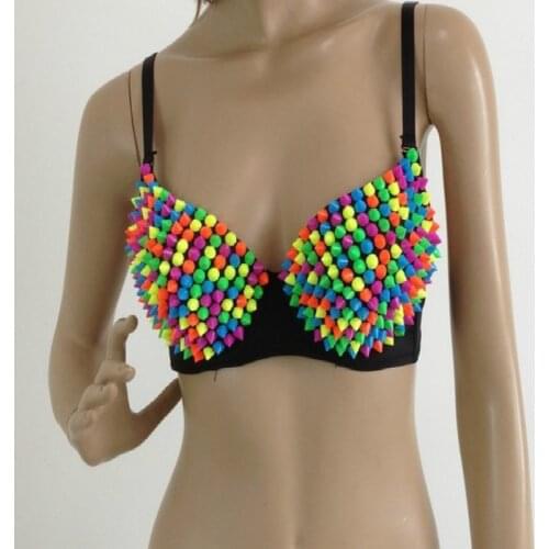 Candy Rivet Bra Bar Nightclub DS Singer Stage Outfit Fluorescent Bra Hip-hop Belly Dancing Dance Wear Clothing 7 colors