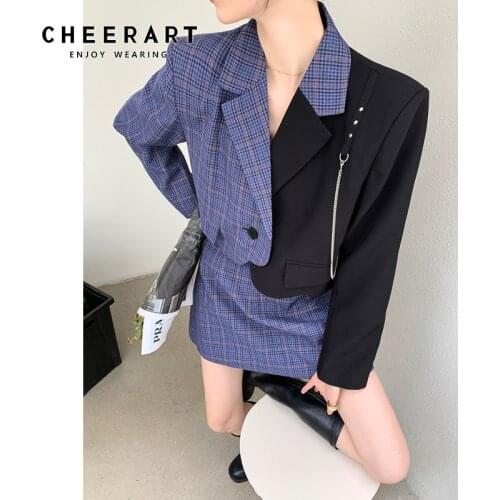 CHEERART Autumn Plaid Cropped Blazer Patchwork Single Button Jaket Coat 2020 Fashion Suit Women Blazer Set Streetwear