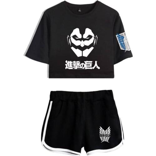 2021 Anime Attack On Titan Two Piece Set Women Girls Fashion Attack On Titan Dew navel Short T-shirts+Pants summer streetwear