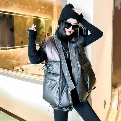 2020 Women Vest Waistcoat New Womens Glossy stitching Vest Sleeveless Jacket Korean loose Down Cotton Winter Warm Vest Female
