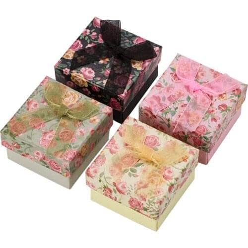 Flower Jewelry Box 5*5*3cm Square Wedding Ring Gift Boxes for Earrings Multi Colors Paper Packaging Jewelry Display Case 16pcs