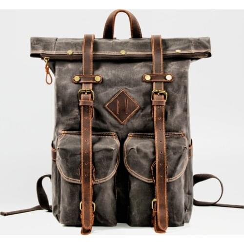 2020 Europe Canvas Leather Backpacks Mens 15" Laptop Daypacks Waterproof Canvas Rucksacks Large Waxed Travel Back Packs Big