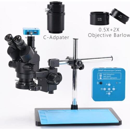 3.5X-90X Simul-Focal Trinocular Stereo Microscope Kit 34MP HDMI USB Microscope Camera 0.5X 2X Barlow For PCB Repair Soldering