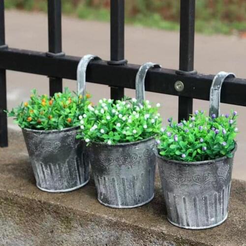 5Pcs Flower Bucket with Hook Rugged Surface Iron Home Decor Retro Plant Pot Yard