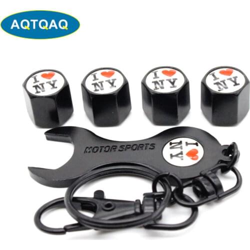 5Pcs/Set I Love New York Style Anti-theft Emblem Auto Car Wheel Tire Air Valve Caps With Wrench Keychain Zinc Alloy Stem Dust Co