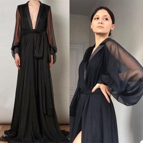 Black Satin & Chiffon Bridal Robes Long Sleeves Bathrobe Women Lingerie Nightgown Pajamas Sleepwear Summer Nightwear