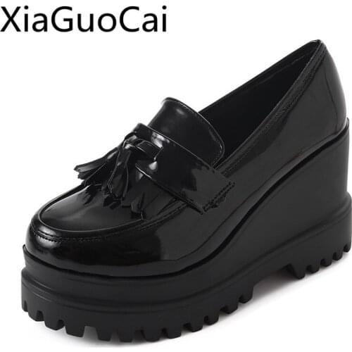 Tassel Black Brand Women Wedges Casual Shoes England Style Platform Female Casual Shoes Round Toe Creepers Sneakers
