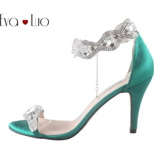 CHS712 Custom Made Emerald Green Low Heel Crystal Bridal Wedding Shoes Dress Sandals High Heels Women Shoes DHL Fast Shipping