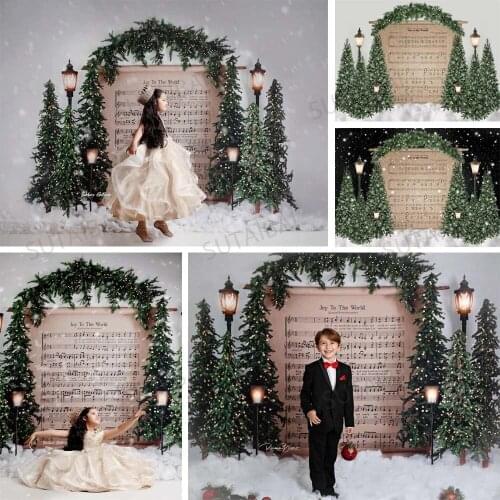Christmas Tree Snow Backdrops Joy To The World Sheet Music Child Birthday Photo Studio Booth Photography Background Decor Props