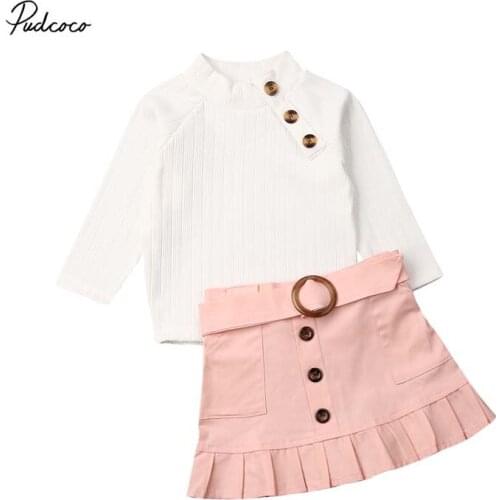 2019 Brand Stylish Baby Girl Winter 2Pcs Warm Knitted Long Sleeve Sweater Tops Button Belt Tutu Skirt Outfits New Fashion Set