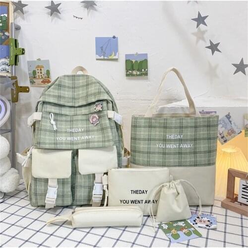2021 Fashion 5 Piece Set Plaid Canvas School Student Backpack For Teenage Girl Black Harajuku Female Cute Bookbag Tutorial Bag