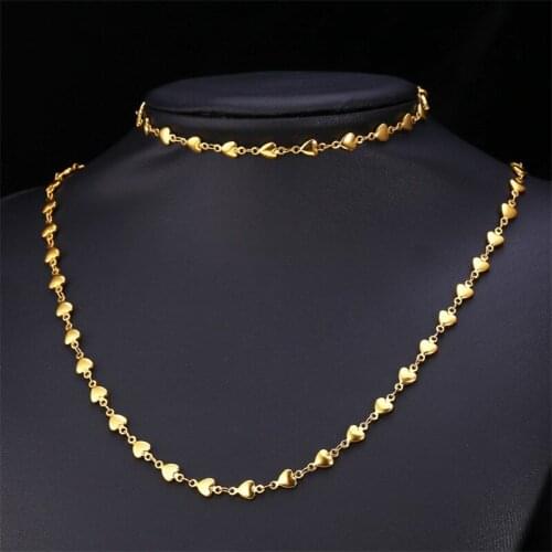 Kpop Heart Set Chain Bracelet Necklace Trendy Stainless Steel Gold Color Gift For Lover Women Jewelry Set NH208