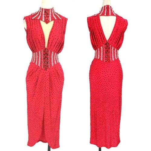 Red Latin Dance Dress Full Rhinestone High Collar Party Singer Performance Ballroom Dance Competition Dress Stage Costume BL4523