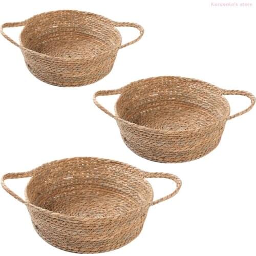 83XC Cat Bed Round Straw Basket Cat Sleeping Cushion Pet Mat Cute Lightweight Rattan Weaving+PP Cotton