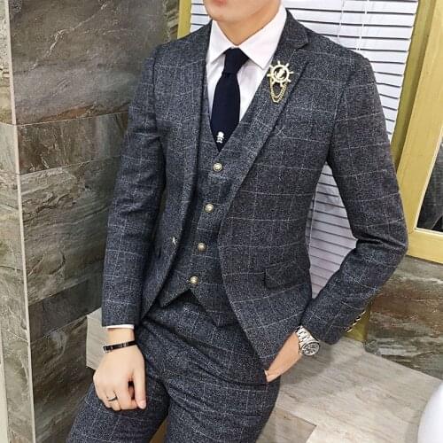 Jacket + Vest + Pants ) 2019 Mens England Plaid Casual Suit Mens Classic Single Button Official Suit Groom Wedding Dress Suit