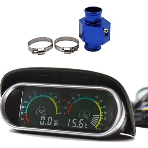 2 In 1 Oil Pressure Gauge + Water Temp Gauge LCD Car Digital 1/8 NPT Sensor 10MM With Adapter Universal Truck Car Motorcycle