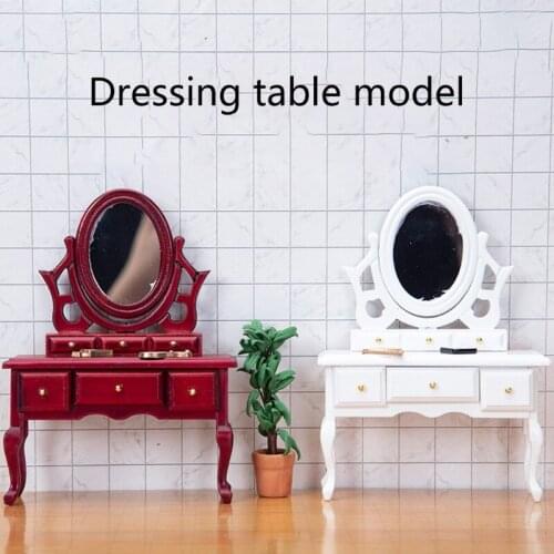 1:12 Scales Miniature Dollhouse Makeup Dressing Table Mirror Jewelry Wood Desk Vanity Set Pretend Play Kids Miniature