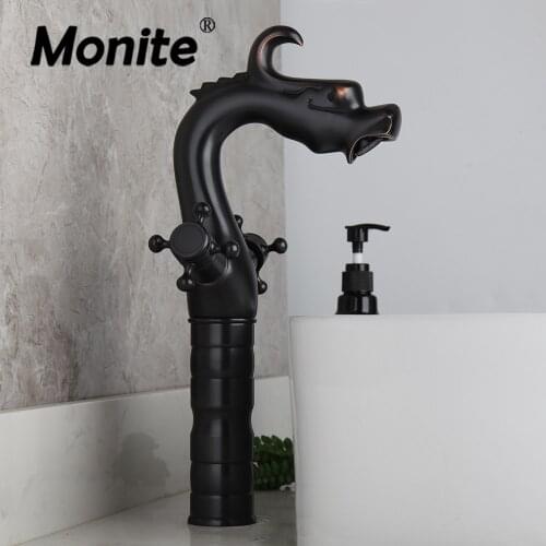 Monite Black ORB Tall Dragon Bathroom Tap Mixer Faucet Unique Design Antique Brass Kitchen Dual Handles Basin Sink Mixer Facuet
