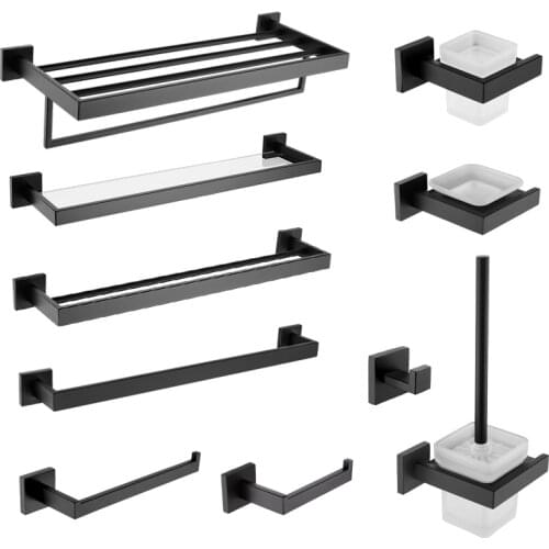 Matte Black Bathroom Accessories Hardware Set Towel Bar Rail Towel Rack Hook Soap Dish Toilet Brush Tumbler Holder Paper Holder