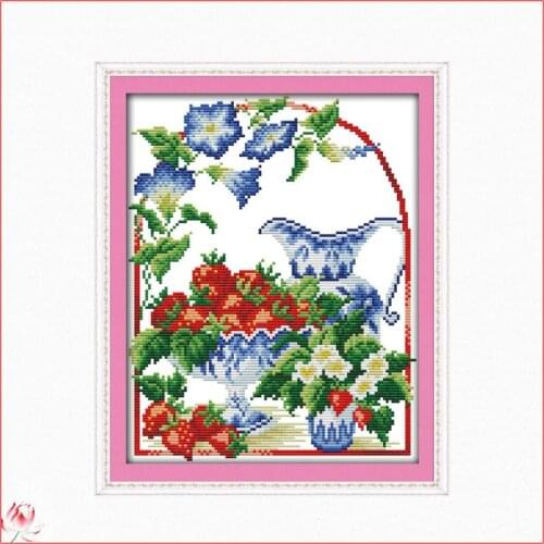 Strawberries And Flowers Pattern Cross Stitch Kits DIY Handmade Embroidery 11CT 14CT Counted Printed Needlework Decoration Craft