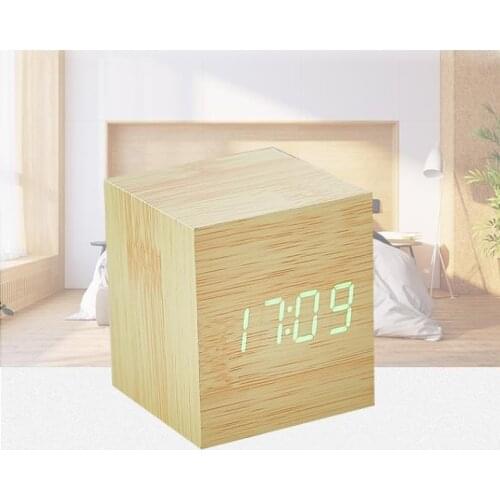 Desktop Blogger Simple Digital Clock Creative Square Wooden Multifunctional Led Electronic Alarm Clock Audio Voice Control
