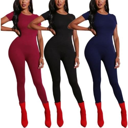 2021 New Style Womens Short Sleeve Skinny Rompers Summer Casual Bodycon Tight Long Jumpsuits Elastic