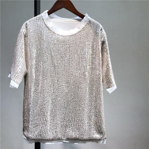 European Summer New Sparkling Blingbling Heavy Industry Short-sleeved Loose Silver Sequined T-shirts Women Tops Fashion 2021