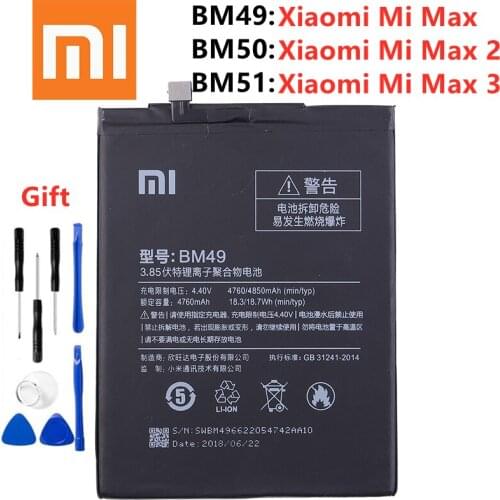 Xiao mi 100% Orginal BM49 BM50 BM51 Battery For Xiaomi Mi Max Max 2 Max 3 BM49 BM50 BM51 Phone Replacement Batteries + Tools