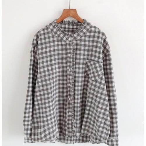 Autumn Winter Brushed Cotton Shirt With Wooden Ears Placket Small Stand-Up Collar Loose Blouse Literary Long-Sleeve Shirt Women