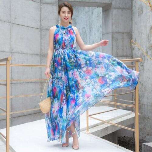 2019 Sexy Sleeveless Floral chiffon maxi dress bohemia dress plus size celebrity/graduation/Dinner Dress Beach vacation Sundress