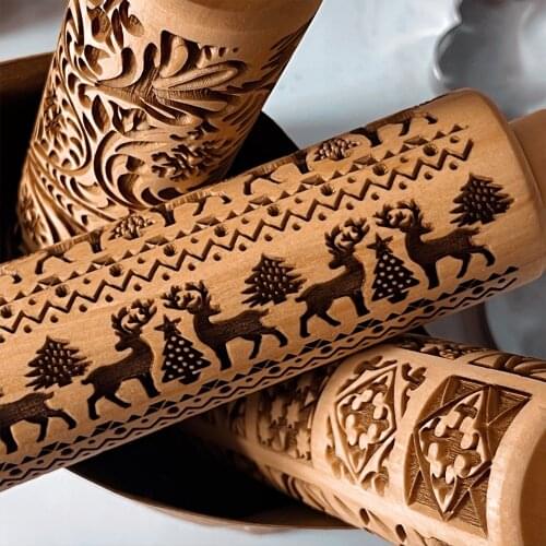 Wood Embossing Rolling Pin Fondant Dough Vintage Christmas Pattern Engraved Roller Stick DIY Pastry Tool Baking Accessories 2021