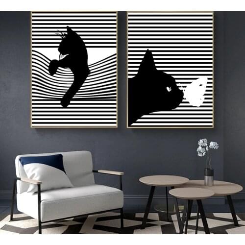 Nordic Black White Cat Canvas Art Paintings Abstract Line Poster and Print Wall Art Picture for Living Room Home Decoration