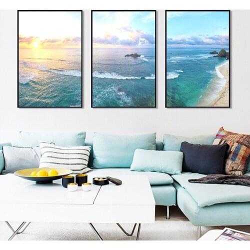 Modern Minimalist Sea Landscape Triptych Decorative Painting Living Room Porch Background Wall Art Canvas Painting Study Mural