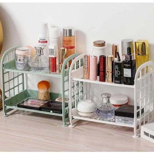 Folding Storage Rack Double Layer Desk Sundries Rack Free Installation Hollow Shelf Plastic Save Space Cosmetic Organizer Holder