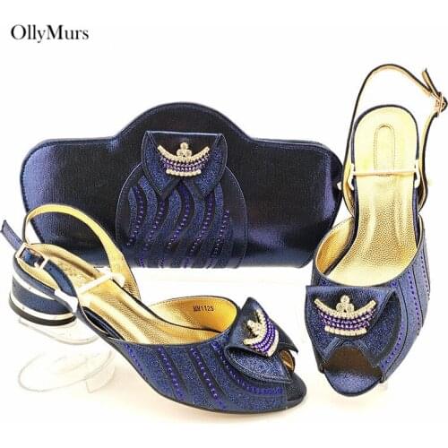 Nigerian Decorated With Rhinetsone Dark Blue Color Shoes And Bag Set For Party Fashion Sandals Shoes And Bag Set Size 38-43