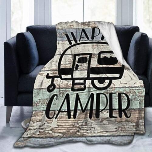 Vintage Wooden Door Happy Camper Microfiber Fuzzy Travel Blanket Throw Smooth Soft Blanket Adult Women Boy Girl Kids Toddler