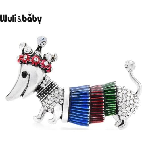 Wuli&baby Crown Sweater Dachshund Dog Brooch Enamel Pins Women Fashion Jewelry Badge Brooches Gift 2021 New Deisgner Jewelry