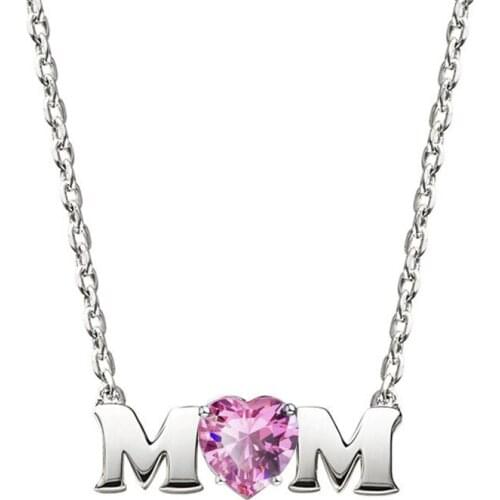 Hainon Pink Crystal Heart Pendant Necklace Birthday Gifts To MOM Fashion Elegant Chain Silver Color Pendant Necklace Jewelry