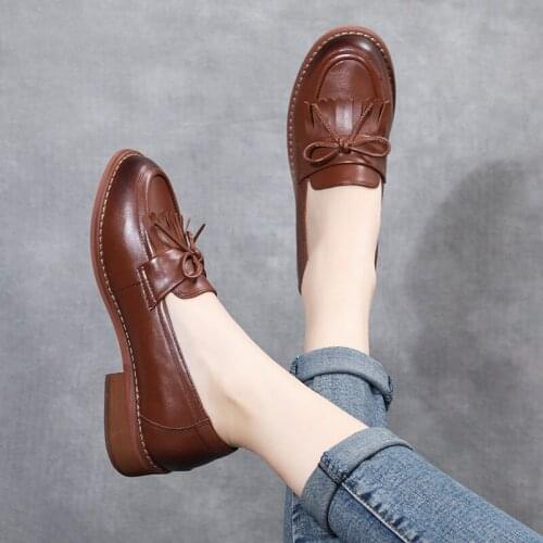 YourSeason Genuine Leather Vintage Pumps Ladies Round Toe Handmade Women Concise Shallow Casual Shoes Spring Autumn 2021