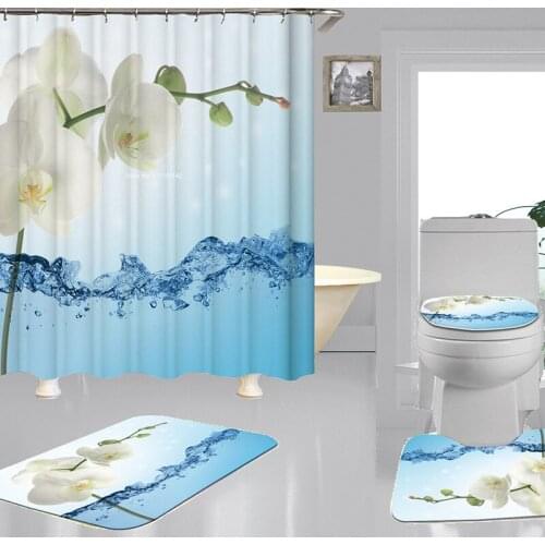 Beautiful Flower Scenery Digital Printing Shower Curtain Waterproof Polyester Shower Curtain Bath Mat 4-piece Set