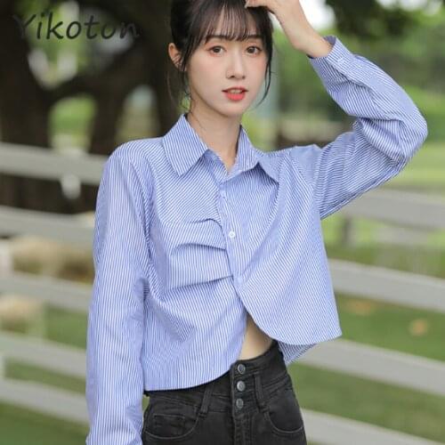 Blue Striped Womens Top and Blouses Shirt 2021 New Autumn Casual Elegant Chemise Femme Long Sleeve Office Ladies Fashion Clothes