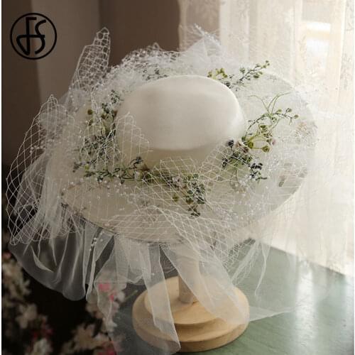 FS Flat Top White Fedora Hats Imitation Sinamay Women Fascinator Wedding Cocktail Church Party Hats With Flowers Wide Brim Hat