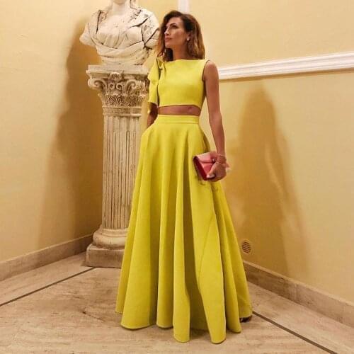 OMILKA Yellow Two Piece Set Women 2020 Autumn One Shoulder Crop Top and Long Big Swing Skirt Set Elegant 2 Piece Outfits
