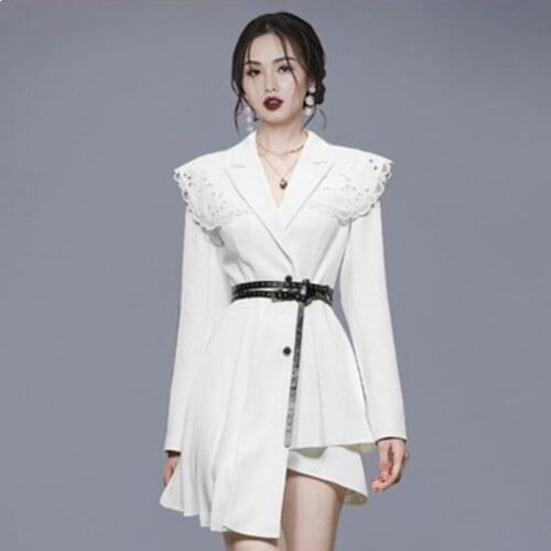 New Fashion Elegant Lace-Up Irregular Dress Women Korean Single-Breasted A-Line Dresses Vintage Work Casual Autumn Vestidos