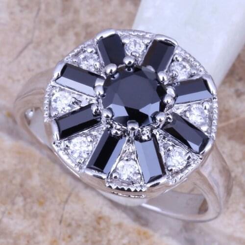 Gleaming Black Cubic Zirconia White CZ Silver Plated Womens Jewelry Ring Size 5 / 6 / 7 / 8 / 9 R0784